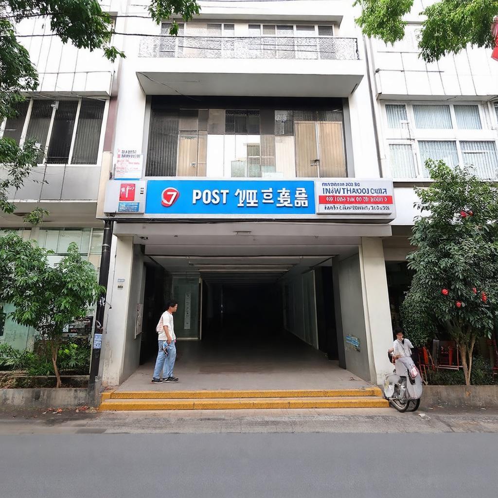 Toàn cảnh Bưu điện Trung Tâm 5 tại 79 Ngô Gia Tự, Long Biên, Hà Nội với mặt tiền đặc trưng giúp nhận diện dễ dàng
